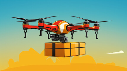 荷物を運ぶ赤いドローンのイラスト