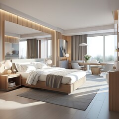Interior of modern bedroom with white walls, tiled floor, comfortable king size bed and wooden wardrobe, AI Generated