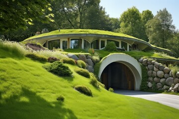 Underground earth-sheltered home with grass-covered roof. - obrazy, fototapety, plakaty