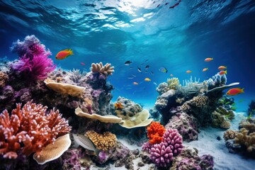 Underwater scene of a coral reef teeming with marine life.