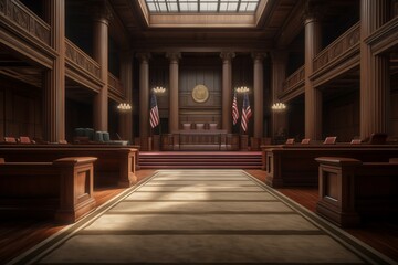Empty American Style Courtroom. Supreme Court of Law and Justice Trial Stand - obrazy, fototapety, plakaty