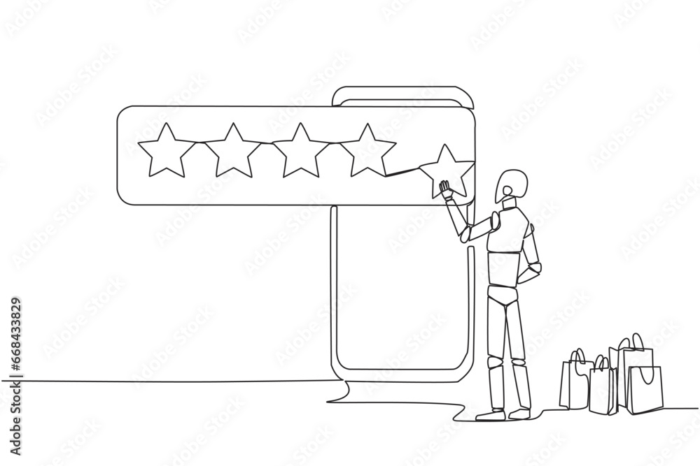 Poster continuous one line drawing robot standing facing giant smartphone trying to stick one star, that it