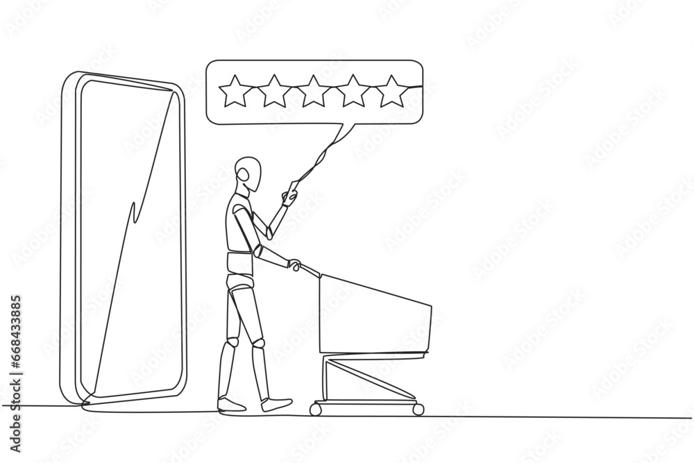 Poster continuous one line drawing robot walked out of large smartphone while pushing a shopping trolley. f