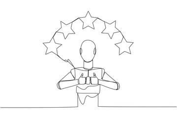 Single one line drawing robot giving two thumbs up, above head there are 5 stars forming semicircle. Exciting online shopping experience. Review 5 star. AI tech. Continuous line graphic illustration