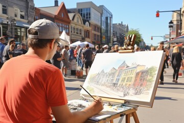 Urban sketch artist capturing the nuances of a bustling town square.