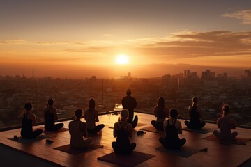 Urban yoga session held on a building's rooftop at sunrise.