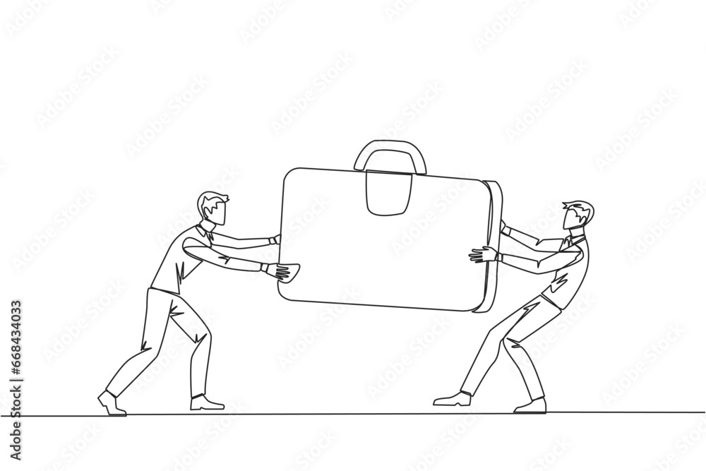 Poster single continuous line drawing two aggressive businessman fighting over the briefcase. fight over th