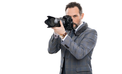 journalist man paparazzi photographer taking photo with camera isolated on white, copy space