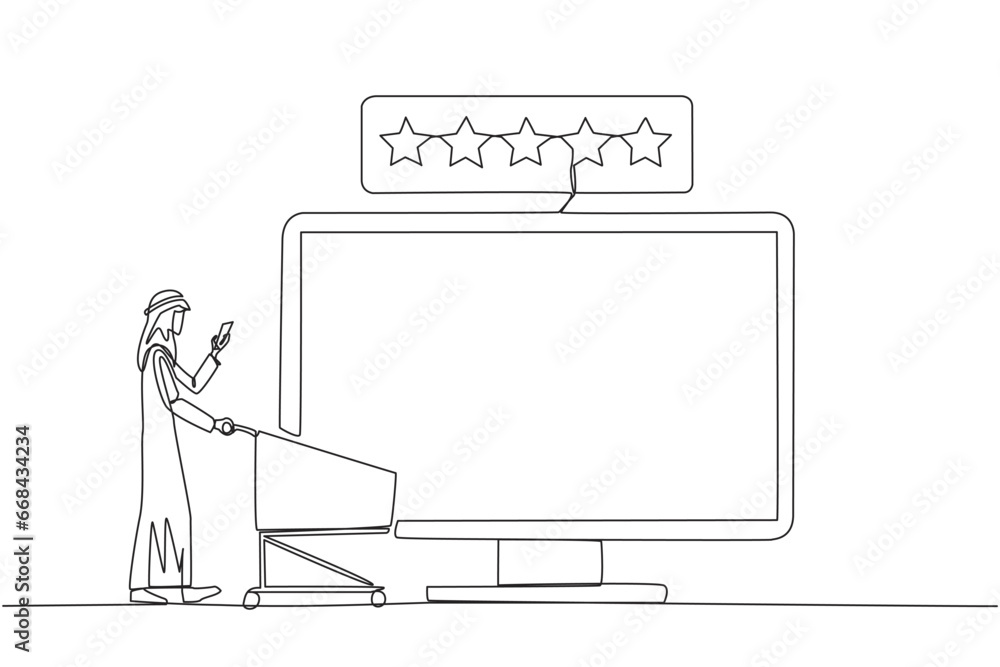 Poster single continuous line drawing happy arabian man walking carry a trolley while typing on a smartphon