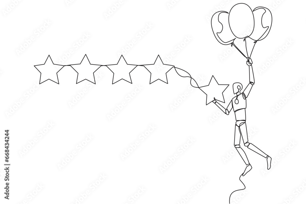 Poster continuous one line drawing robot artificial intelligence flying with balloon carry 1 star and wants