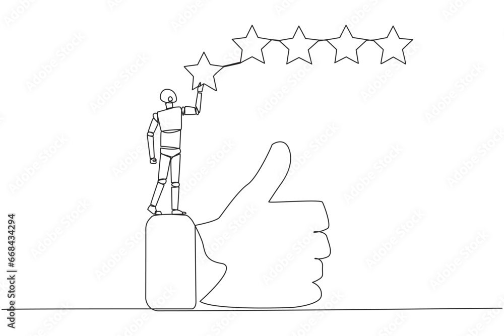 Poster single continuous line drawing robot standing on the thumbs up wants to attach the stars to form 5 s
