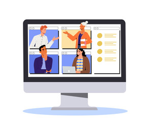 Business negotiation concept. Video conference at computer. Collaboration and cooperation, partnership. Graphic element for website. Cartoon flat vector illustration isolated on white background