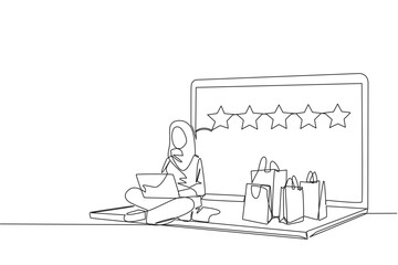 Continuous one line drawing happy Arabian woman sitting on big laptop typing on laptop. Bought a lot from online shop. Give a review of 5 stars. Ecommerce. Single line draw design vector illustration