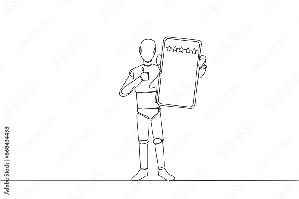 Poster single continuous line drawing robot standing holding smartphone showing screen to the front. giving