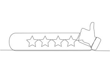 Continuous one line drawing thumbs up next to 4 stars. Star rating. Positive review. Feedback concept. Buyer experience. Customer review rating. Ecommerce. Single line draw design vector illustration