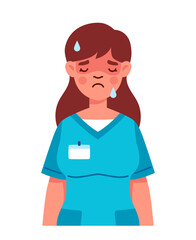 Fototapeta premium Female nurse in uniform. Woman in blue uniform with stethoscope. Tired doctor with emotional burnout. Poster or banner for website. Cartoon flat vector illustration isolated on white background