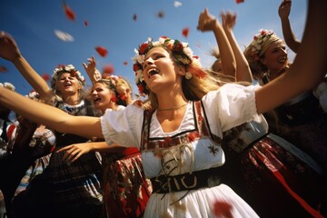 Vivacious dancers celebrate during a traditional folk festival.