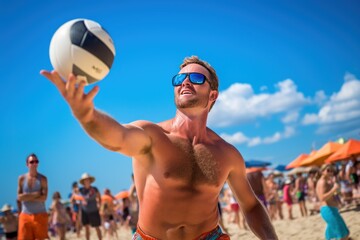 Volleyball player spiking the ball powerfully during a beach tournament.