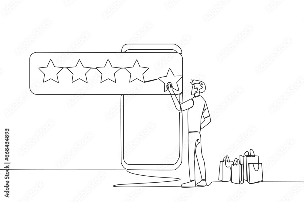Poster continuous one line drawing man standing facing giant smartphone and trying to stick one star, that 