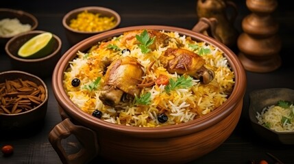 Dum Handi chicken Biryani is prepared in an earthen or clay pot called Haandi. Popular Indian non vegetarian food - obrazy, fototapety, plakaty