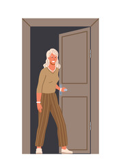 Character opening door concept. Woman come back to home. Eldery girl in casual clothes near doorway. Mother inside roomt. Cartoon flat vector illustration isolated on white background