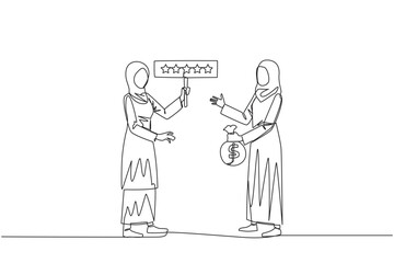 Continuous one line drawing two Arabian women standing opposite each other. One woman carry money bag, the other carry rating board with 5 star. Buy and selling reviews. Single line draw design vector