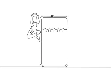 Single one line drawing Arabian man stands behind giant smartphone, but head and body appear and hands give thumbs up gesture. Online shop concept. Review 5 star. Continuous line graphic illustration