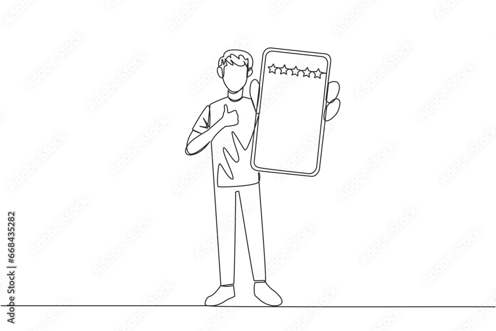 Poster single continuous line drawing happy man standing holding smartphone and showing screen to the front