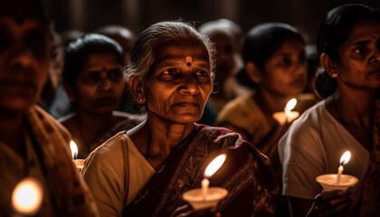Fototapeta premium Men and women celebrate spirituality with candlelight, praying and happiness generated by AI