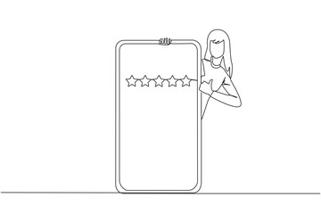Continuous one line drawing woman stands behind big smartphone, head and body appear and hands give thumbs up gesture. Online shop concept. Review 5 star. Single line draw design vector illustration