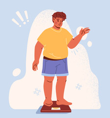 Overweight man concept. Young fatty guy at scales. Problem with food. Obesity and figure loss. Shocked and sad person. Worried oversized boy. Poster or banner. Cartoon flat vector illustration