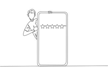 Single one line drawing man stands behind giant smartphone, but head and body appear and hands give thumbs up gesture. Online shop concept. Review 5 stars. Continuous line design graphic illustration