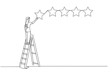 Continuous one line drawing young energetic happy woman climbs ladder carry 1 star, making it 5 stars in a row. Give very good recommendation to the seller. Single line draw design vector illustration © Simple Line
