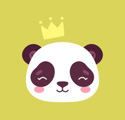 Cute panda sticker. Adorable asian fluffy animal with crown. Fauna and wild life. Sticker for social networks and messengers. Cartoon flat vector illustration isolated on green background