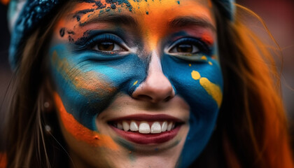 One beautiful woman smiling with face paint in studio shot generated by AI