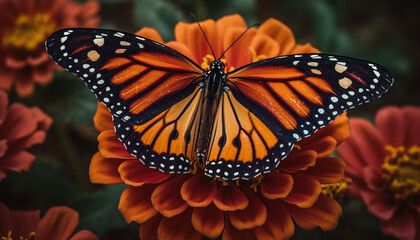 Vibrant monarch butterfly showcases fragility and elegance in nature beauty generated by AI