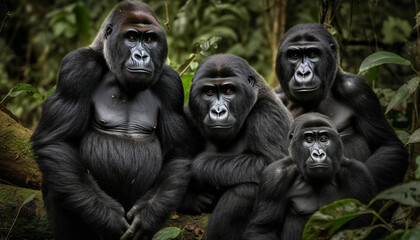 Fototapeta na wymiar Primate family sitting in tropical rainforest, staring at camera generated by AI