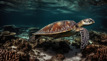 Obraz premium Green hawksbill turtle swims in tranquil underwater reef environment generated by AI