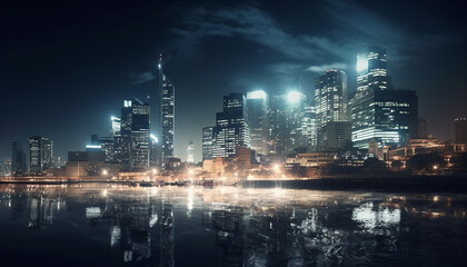 Fototapeta premium Illuminated skyscrapers reflect on the dark waterfront at twilight generated by AI