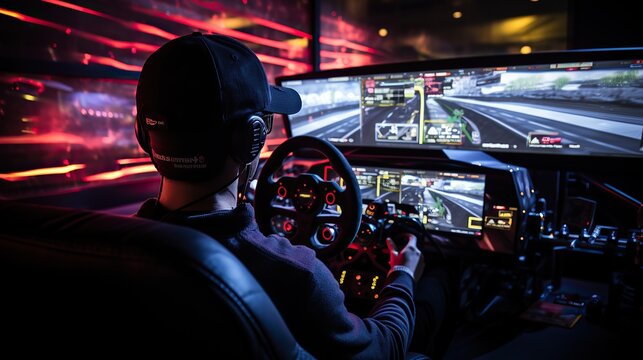 back view man playing car racing simulator at home gaming desk set up, steering wheel driving game having fun playing racing video game