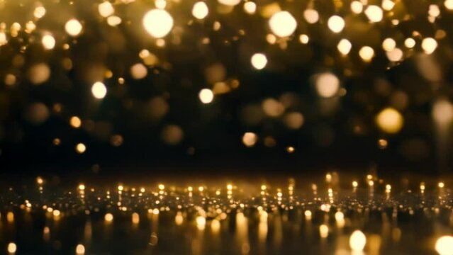 Animation gold sparkle particles background.Christmas Golden light shine particles bokeh on navy blue background. Holiday concept. Abstract background with gold particle.