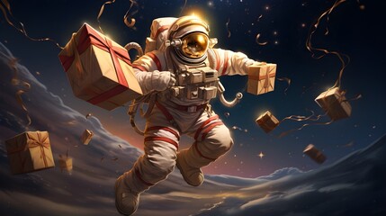 Combine the wonder of space with the spirit of Christmas. Illustrate an astronaut in a spacesuit. Generative AI	