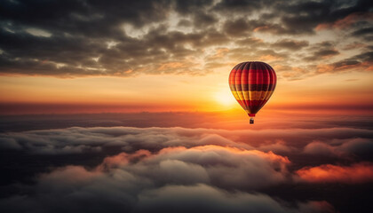 Fototapeta premium Multi colored hot air balloon flying high in tranquil sky generated by AI