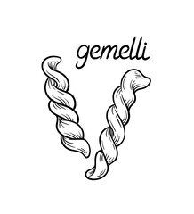 Pasta line concept. Gemelli shape of macaroni. Traditional italian cuisine and kitchen. Dinner and breakfast. Poster or banner. Linear flat vector illustration isolated on white background