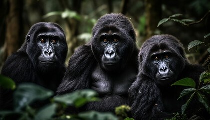 Primate portrait Endangered gorilla staring, sitting in lush rainforest generated by AI