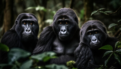 Obraz premium Primate portrait Endangered gorilla staring, sitting in lush rainforest generated by AI