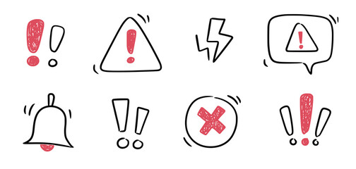 Doodle exclamation mark, alert danger sign set. Scribble hand drawn doodle exclamation triangle point, stop warning, hazard sign. Hand drawn sketch danger information sign. Vector illustration