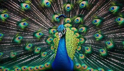 Fototapeta premium Majestic peacock displays vibrant colors in nature elegant pattern generated by AI