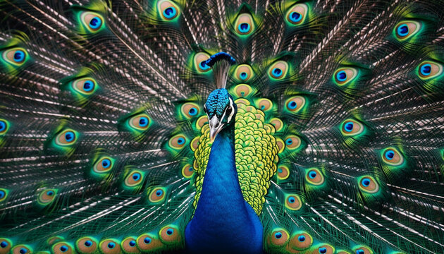 Majestic peacock displays vibrant colors in nature elegant pattern generated by AI