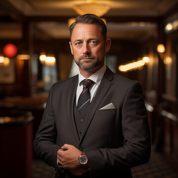 Hotel General Manager, Male hotelier, Hospitality Manager, Caucasian Hotel Manager, Hotel Lobby